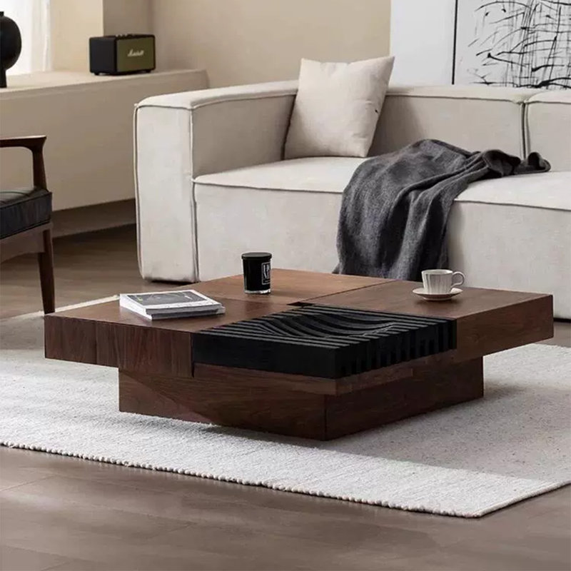 Table basse carrée en bois manufacturé rétro brun noisette, H 11,81 po x L 39,37 po x l 39,37 po