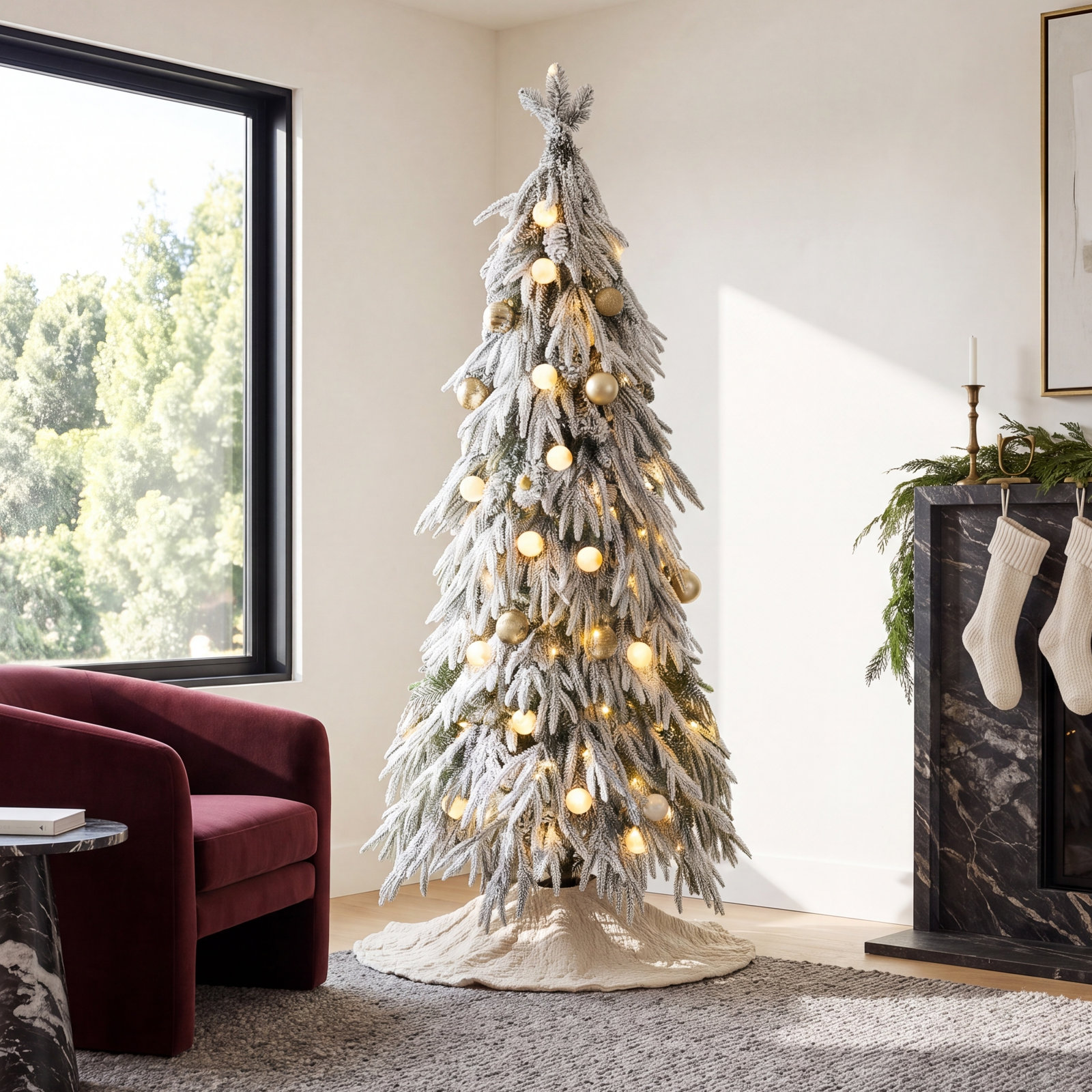 4.5Ft Pre-Lit Snow Flocked Slender Fir Artificial Christmas Tree