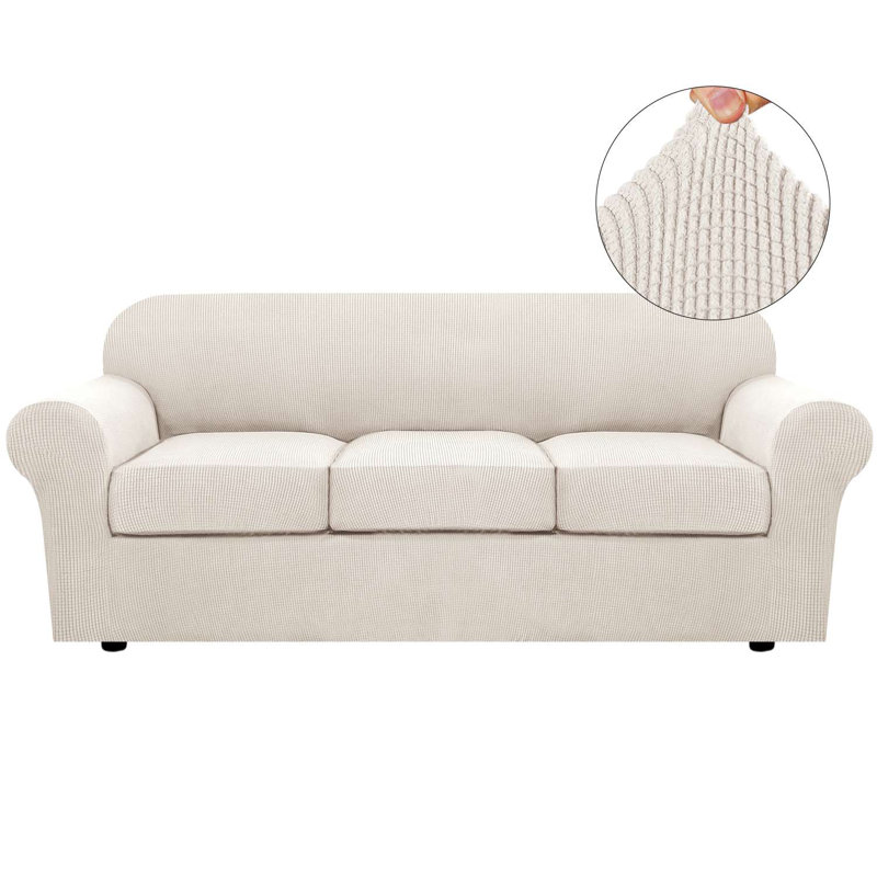 Machine Washable Sofa Slipcover Armchair Cover Rich Textured High Spandex Small Checks Knitted Jacquard Sofa Slipcover with Cushion Covers