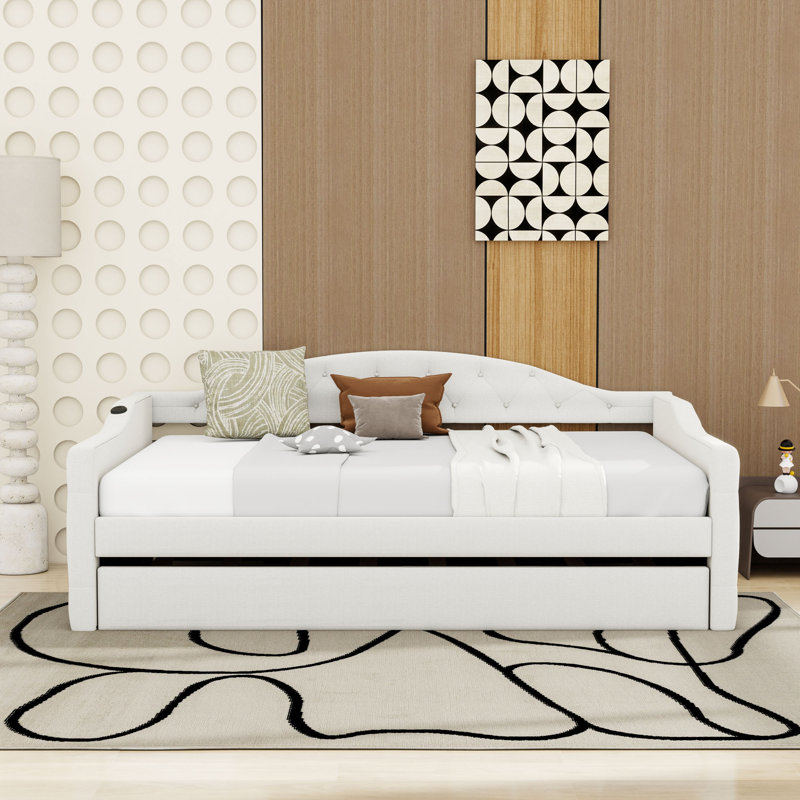 Twin Upholstered Daybed with Twin Trundle and USB Ports, Beige