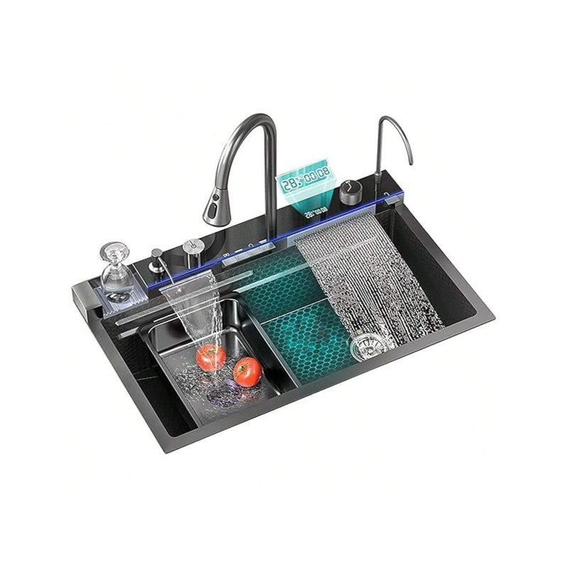 Gun Gray Waterfall Family Kitchen Sink Stainless Steel Pull-Out Faucet with Full set