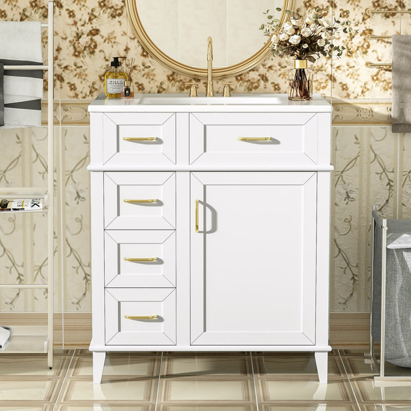 Meuble-lavabo de rangement avec lavabo en céramique, Blanc