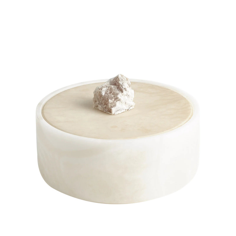 Elegant Italian Alabaster Round Box with Raw Edge Finial, 6.75"