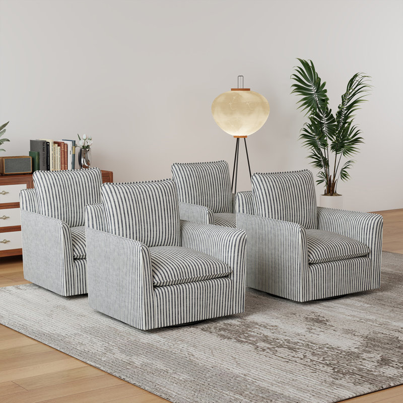 Fauteuil demi-tonneau pivotant à rayures douces modernes 29,7 po avec coussin amovible (ensemble de 4), Bleu