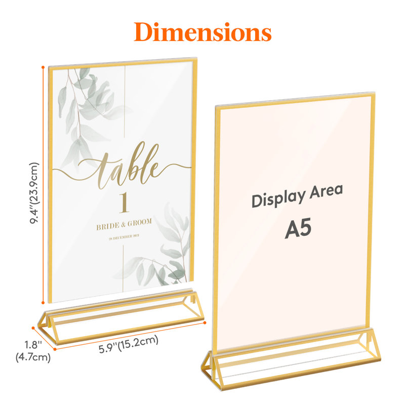 6 Pack A5(14.8 X 21cm) Acrylic Sign Holder With Gold Borders, Clear Vertical Double-sided Stand, Plastic Menu Holders, Table Number Holders Picture Frames For Wedding, Party, Restaurant Decor