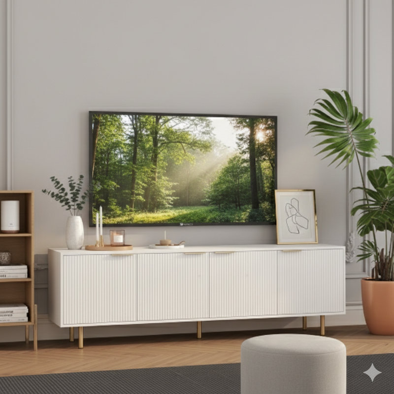 Meuble télé blanc moderne avec un design cannelé, mesurant 68 pouces. Un centre de divertissement avec portes de rangement, servant de meuble multimédia pour les téléviseurs de plus de 55 pouces dans le salon.