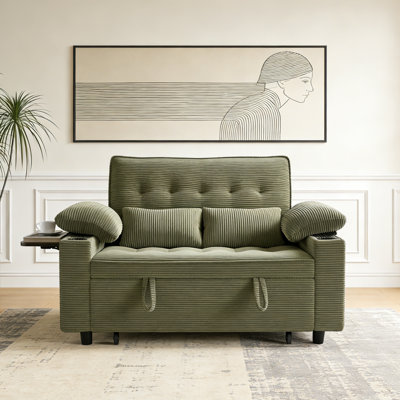 58.5" Corduroy Convertible Sleeper Sofa Bed with Storage & USB Ports, Adjustable Backrest Loveseat for Small Spaces