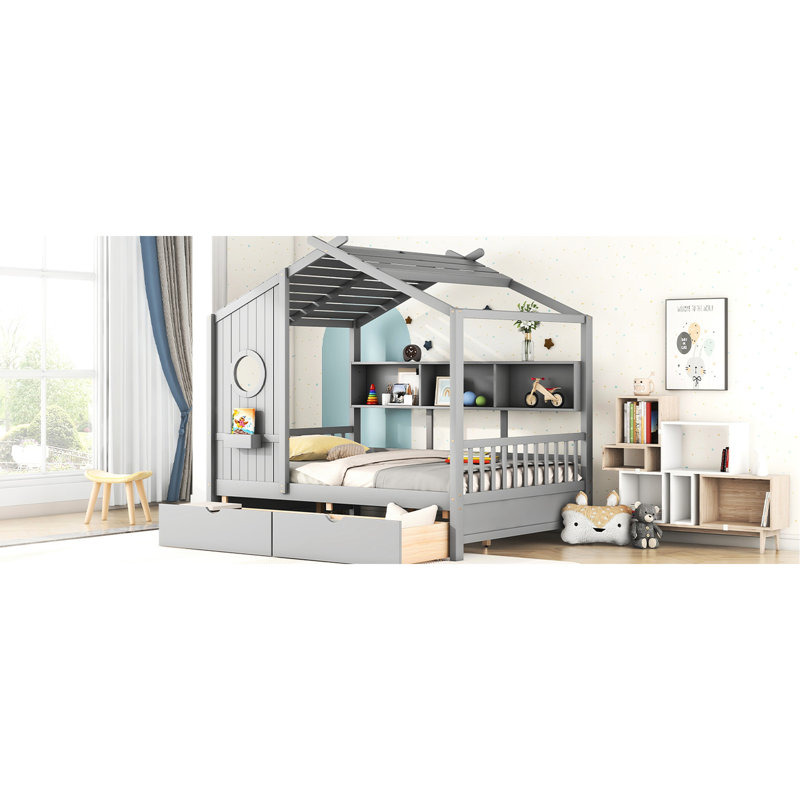 Lit double en bois pleine grandeur, finition grise, 2 tiroirs, tablette arrière pour lunettes de soleil, gris idéal, tablette de rangement,