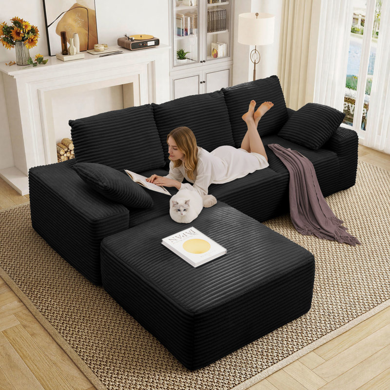 103.5" Cloud Sectional Boneless Sofa Modern L Shaped Corduroy Modular Compression Couch With Ottoman,  No Assembly Required