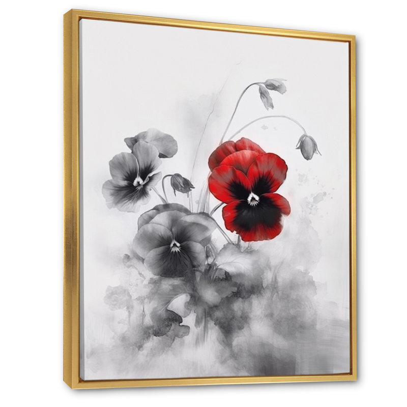«Red and Grey Minimalisme Pansies II», reproduction sur toile, Cadre flottant doré, H 32 po x l 16 po x P 1 po