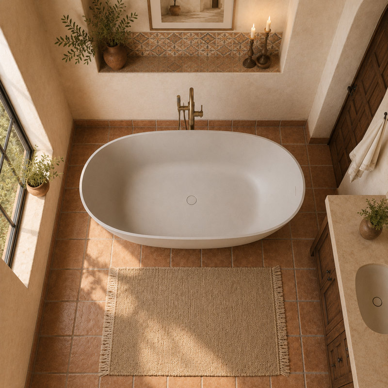 Baignoire autoportante ovale 65 po en résine de couleur unie avec bonde escamotable beige