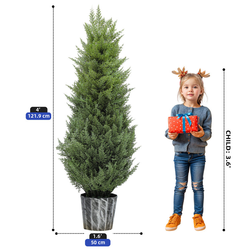 2 pcs 4ft Artificial Cypress Tree, Outdoor Artificial Cypress Tree Potted Plants with Red Berries