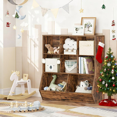 Bibliothèque pour enfants 8 compartiments et armoire de rangement pour jouets, bibliothèque brun rustique pour salle de jeux, chambre de bébé, chambre à coucher ou salle de classe