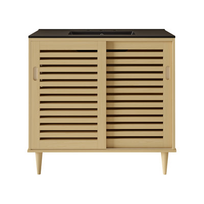 Meuble-lavabo autoportant 36 po Delice en chêne naturel avec comptoir à 3 trous noir Delice
