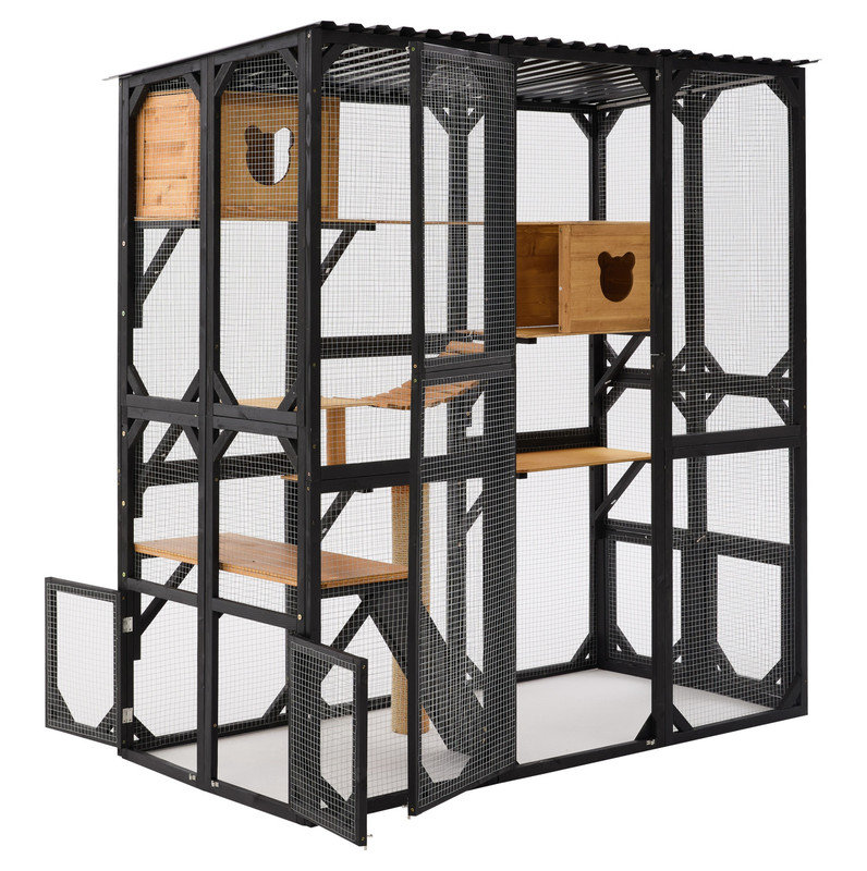 Enclos pour chat d'extérieur en bois de sapin noir et brun, Noir / brun