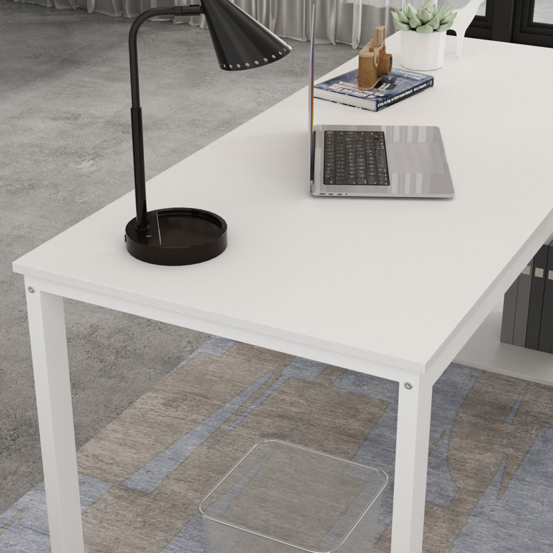 Venancia L-Shaped Writing Desk, White/White