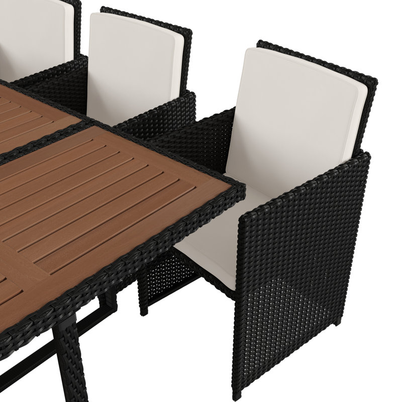 7 Piece Outdoor Patio Dining Set with Acacia Table & 6 Wicker Chairs, Brown