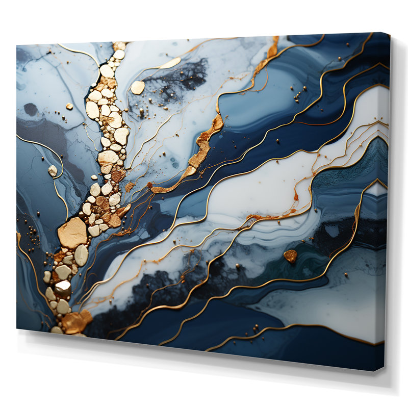 Blue and Gold Marble river II - Abstrait marbré, impressions sur toile, Toile tendue, H 40 po x l 60 po x P 1,5 po