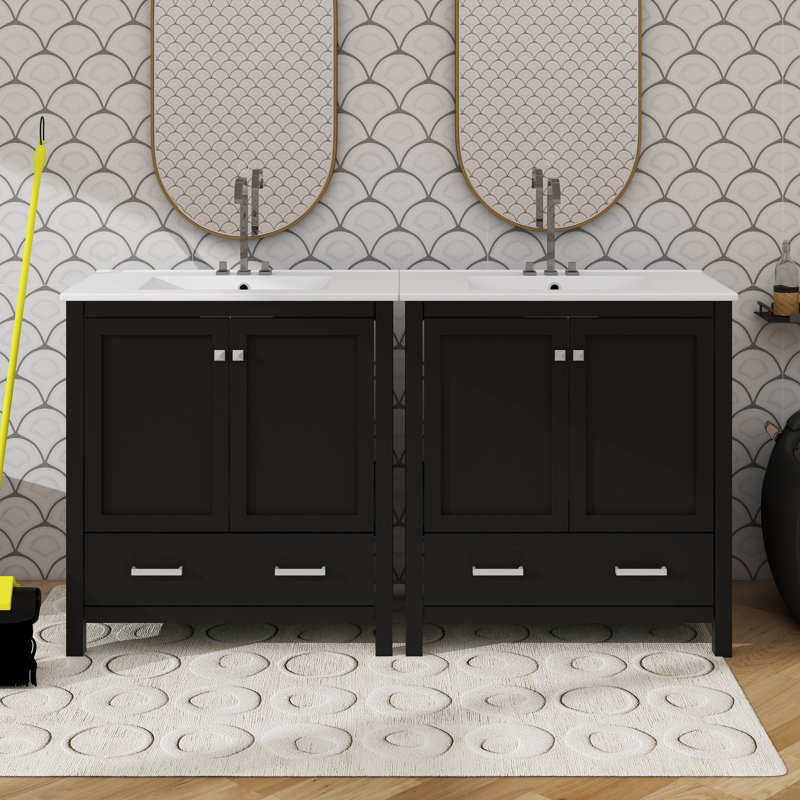 Ensemble de meuble-lavabo de 60 pouces avec lavabos doubles en céramique et tiroirs segmentés, Noir, Nickel brossé