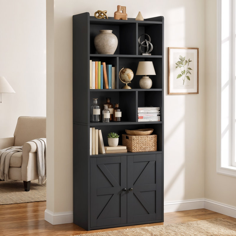 Bookcase With Open Cubbies & Cabinet, Black, (6 Shelves) 158cm. H x 60cm. W x 30cm. D