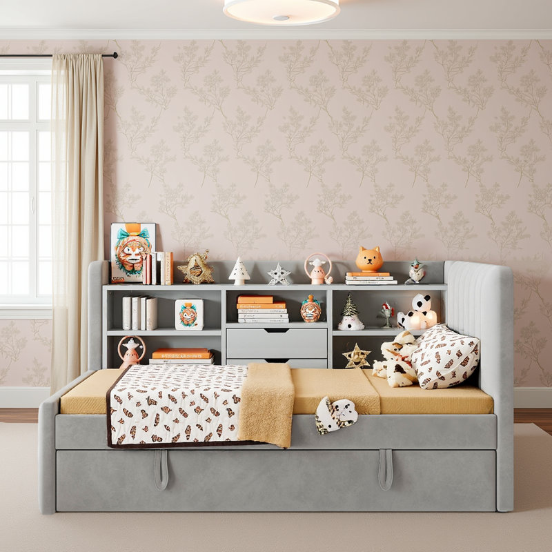 Twin Size Upholstered Daybed with Trundle & Charging Ports - 80" Storage Daybed for Guest Room, Includes USB & Power Outlet