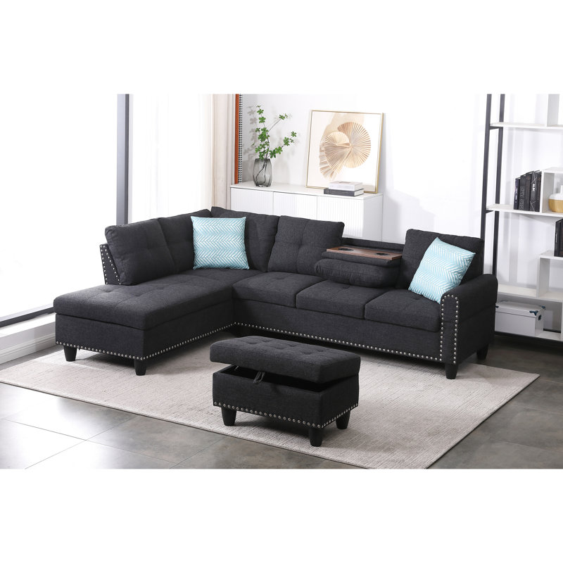Mélange de lin gris anthracite avec rangement - Méridienne en tissu de 98 po faisant face à la gauche, Gris anthracite