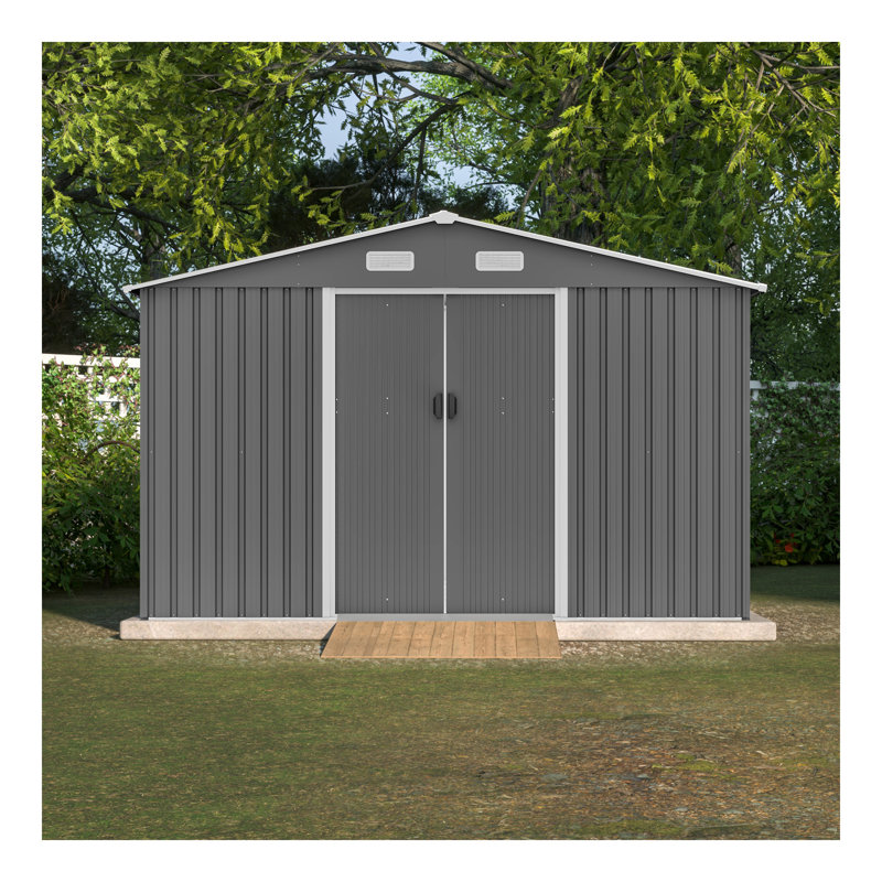 10X8 FT Outdoor Storage Shed,  Metal Foundation & Lockable Doors, Tool Shed For Garden, Patio, Backyard, Lawn, Grey