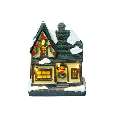 Lighted Resin Christmas Cottage House, Snow Covered Miniature Christmas Village Building with Warm LED Lights, Tabletop Holiday Decor for Mantel Shelf Christmas Tree