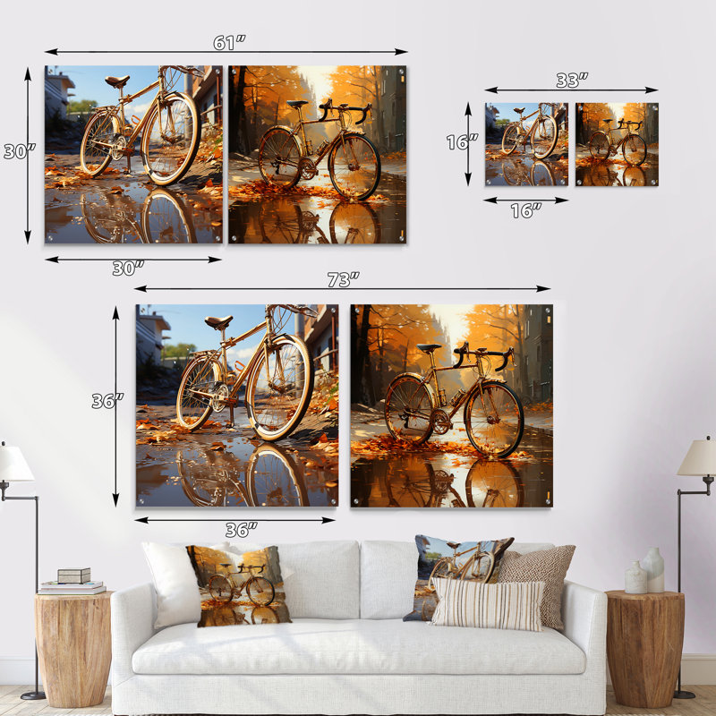 Golden Wheels Bicycle - Bicycle Acrylic Wall Art Glass Set Of 2, 16" H x 33" W