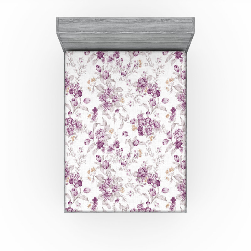 Drap-housse à motif floral Ambesonne, Drap-housse très grand californien, Prune, amande pâle, vert / floral