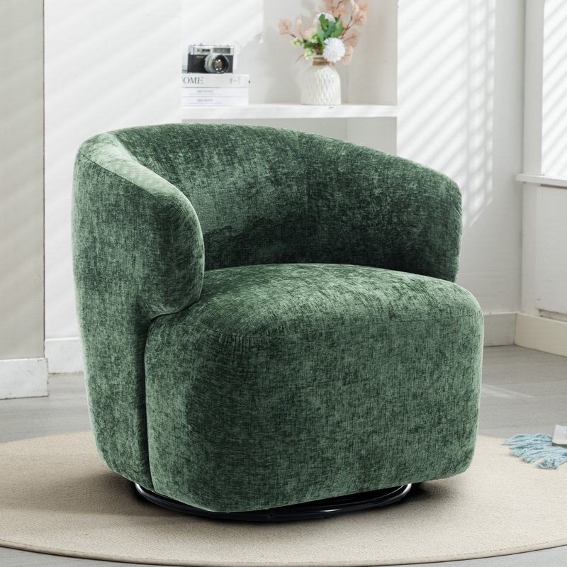 30" Wide Upholstered Swivel Barrel Accent Chair, No Assembly, Green Chenille