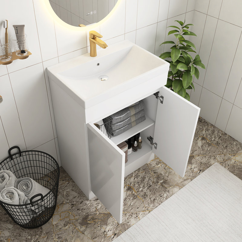 Meuble-lavabo blanc brillant 24 po avec lavabo en céramique à rebords épais, armoire de salle de bain 2 portes, avec tablette, conception sans poignée, charnière à système de fermeture en douceur, assemblage facile