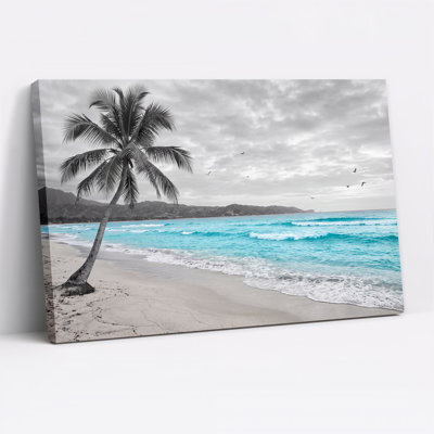 Art mural sur toile de palmier noir et blanc sur une plage turquoise