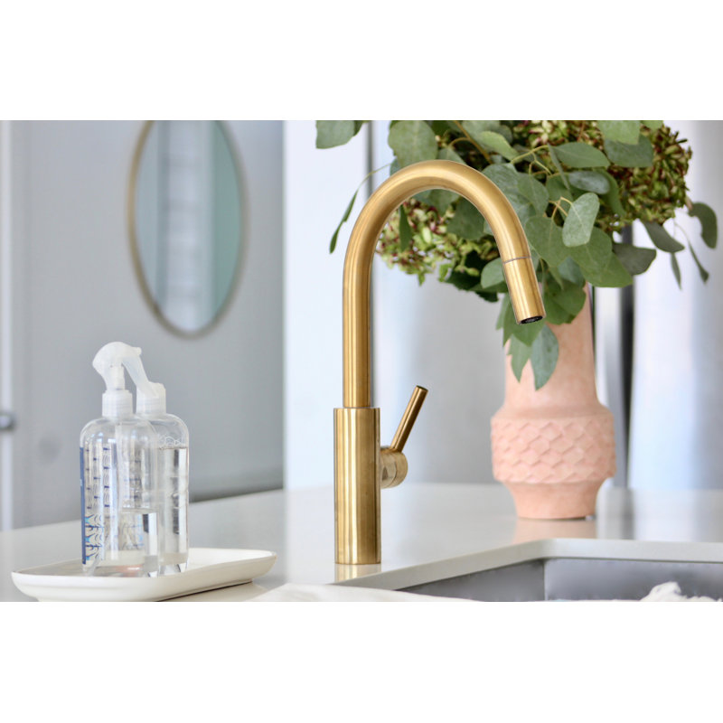 East Linear Single Handle Pull Down Kitchen Faucet, Aged Brass