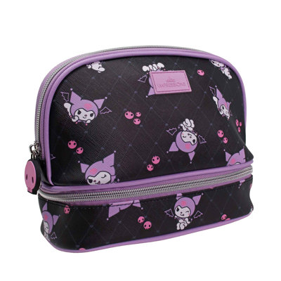 Kuromi Double Layer Makeup Organizer Bag with Stylish Travel Cosmetic Bags for Women, and Slip Pocket, Unzip Bottom Tier Compartment, Silver Hardware, Makeup Brush, and Accessories