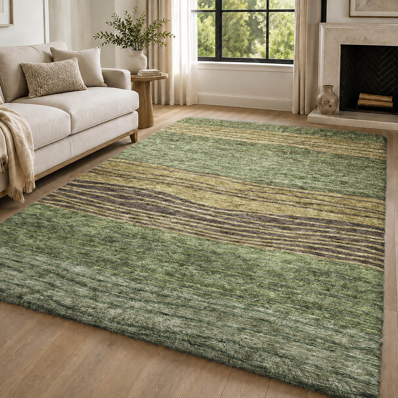 Tapis à rayures Dream Shag ADS735 lavable à la machine de qualité supérieure, Olive, 10' x 14'