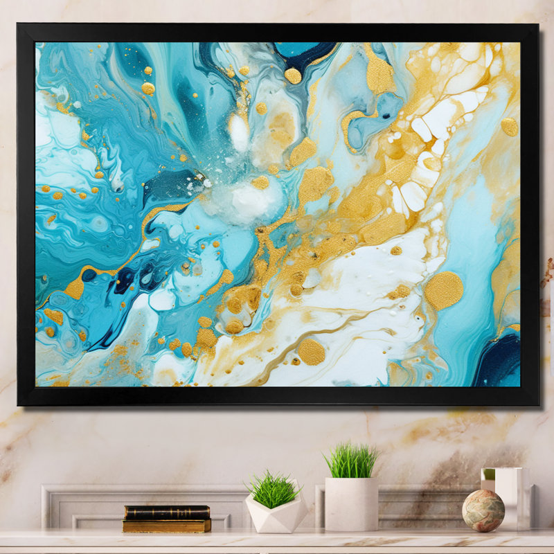 Turquoise luxueux, art fluide abstrait sur toile, H 24 po x l 32 po x P 1 po, Cadre photo noir