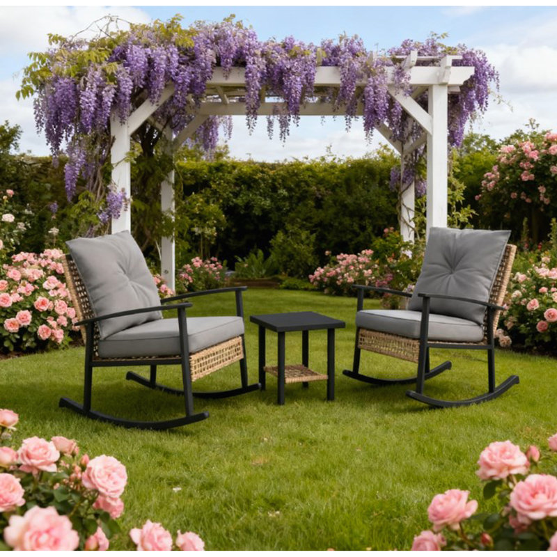 Ensemble de coussins capitonnés à boutons avec meubles de patio, chaises berçantes en rotin, table basse, Gris
