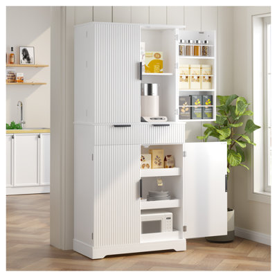 72 Inch Fluted Kitchen Pantry Cabinet with 3 Drawers & 6 Door Shelves, Adjustable Freestanding Storage Cupboard for Kitchen, Dining Room, Office - White
