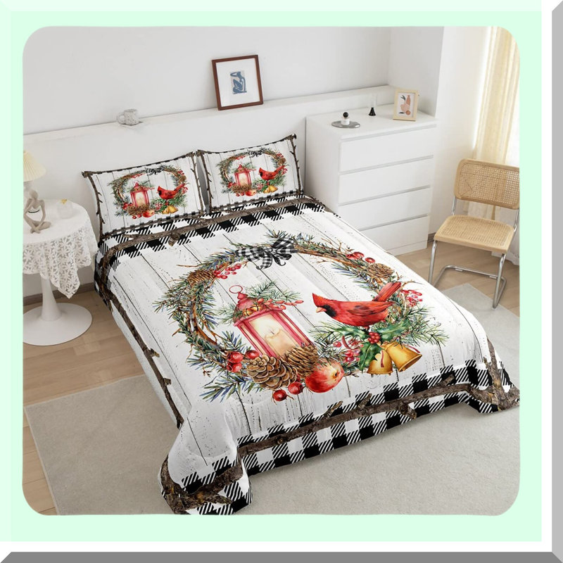 Birdsong Comforter Set - Branch Garland Duvet Quilt with Pillowcases - Cardinal Bedding Size - Xmas Decor - Soft Microfiber Black White Grid Pattern