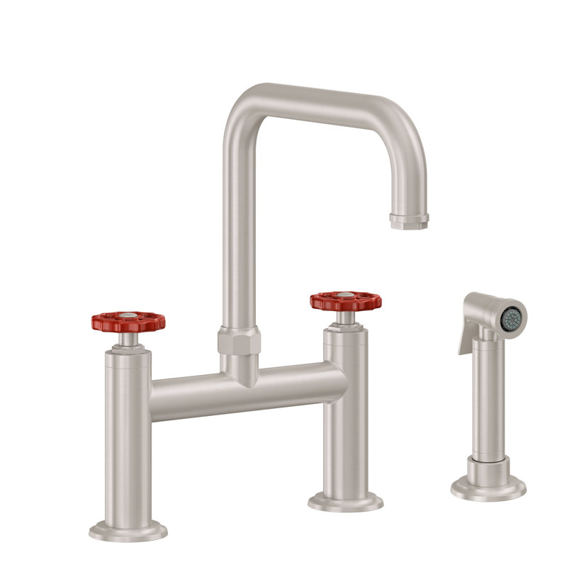 Bridge Kitchen Faucet With Sidespray - Quad Spout, Polished Chrome, With Side Spray, Red Wheel