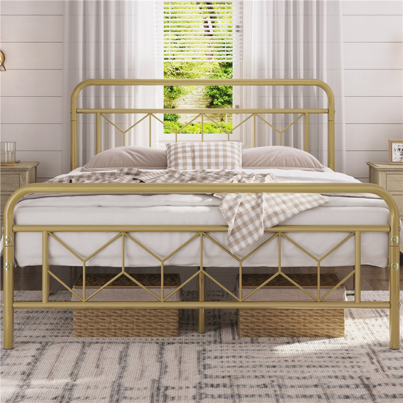 Aylena Vintage Metal Bed Frame with Diamond Pattern Headboard, Full/Double, Antique Gold