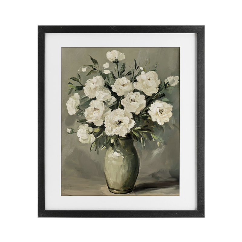 "Abstract White Rose Bouquet", reproduction sous verre, par Petal Prints Design, Cadre noir minuit, H 16 po x l 13 po