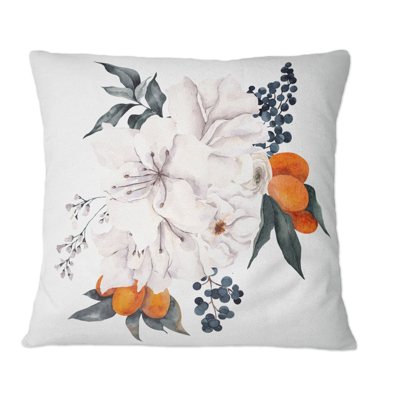 Coussin Bouquet avec citron et mandarine II - imprimé traditionnel, 16 po x 16 po