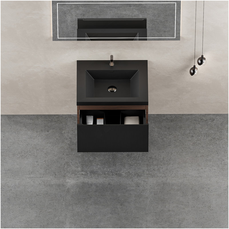 24'' Floating Bathroom Vanity With Sink, Wall-Mounted Striped Bathroom Storage Cabinet With Soft-Close Drawers And Black Quartz Sand Basin, Fully Assembled, Smoked Walnut 24V16-24WAB-W1920P385432