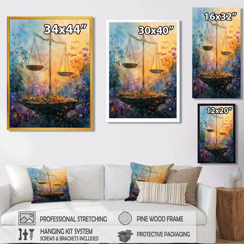 Décoration murale jaune et bleu astrologie équilibrée Balance III - Balance astronomique, H 44 po x l 34 po x P 1,5 po