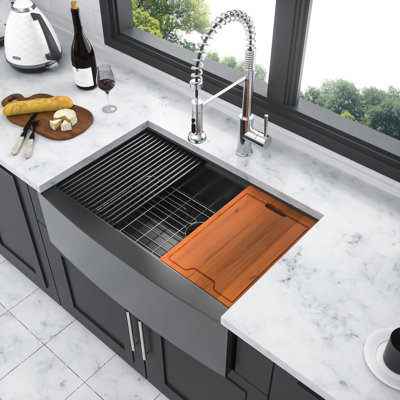 30 Inch Stainless Steel 16 Gauge Gunmetal Black Apron Front Sink Workstation - Scratch , Rust Functional For Kitchen Tasks, 10 Deep With X Shaped Groove Drainage, 3Mm Thick Rubber To Reduce Noise And