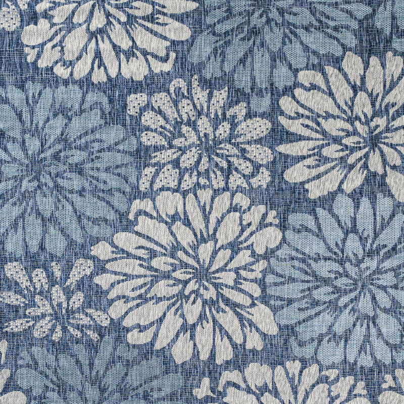 Tapis d'intérieur / extérieur bleu marine / turquoise à motif floral texturé Hagy, Carré 5 pi 3 po
