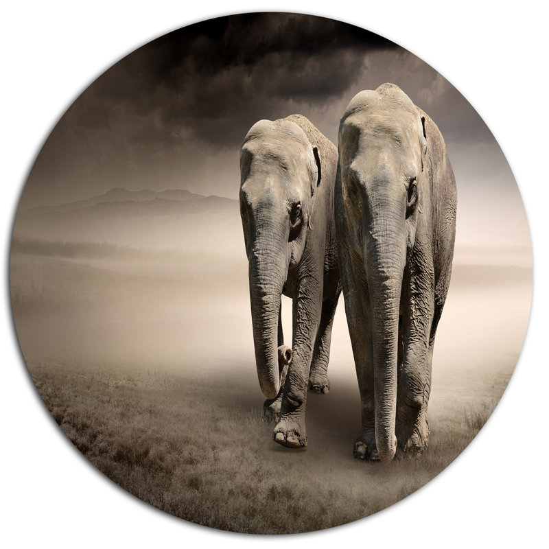 Paire d'éléphants, mouvement - impression, H 23 po x l 23 po x P 1 po, Métal