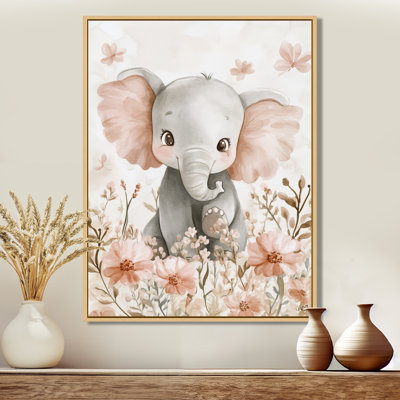 Little Elephant in Bloom - Nursery Framed Canvas Wall Art